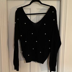 Jessica Simpson Black V-Neck Sweater with Pearl Accents